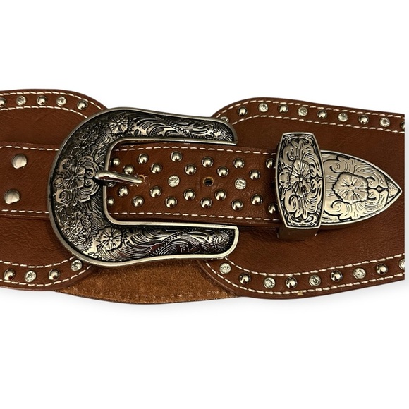 Montana West double buckle Brown Leather Belt with Silver Buckle - Picture 10 of 13